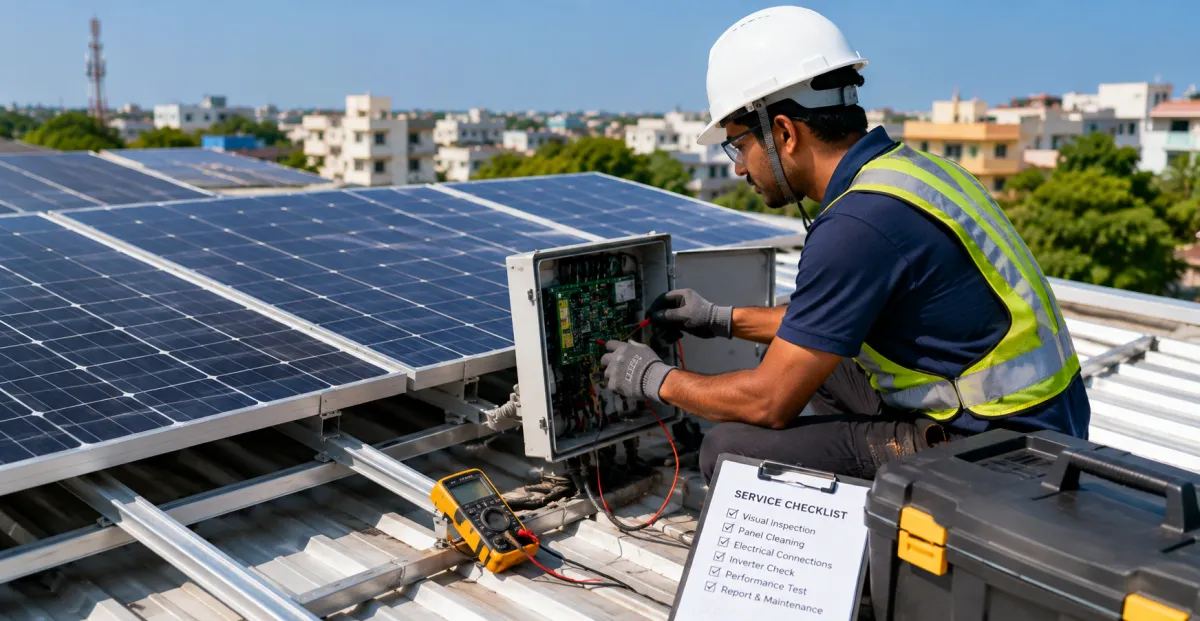 Technician servicing solar panels